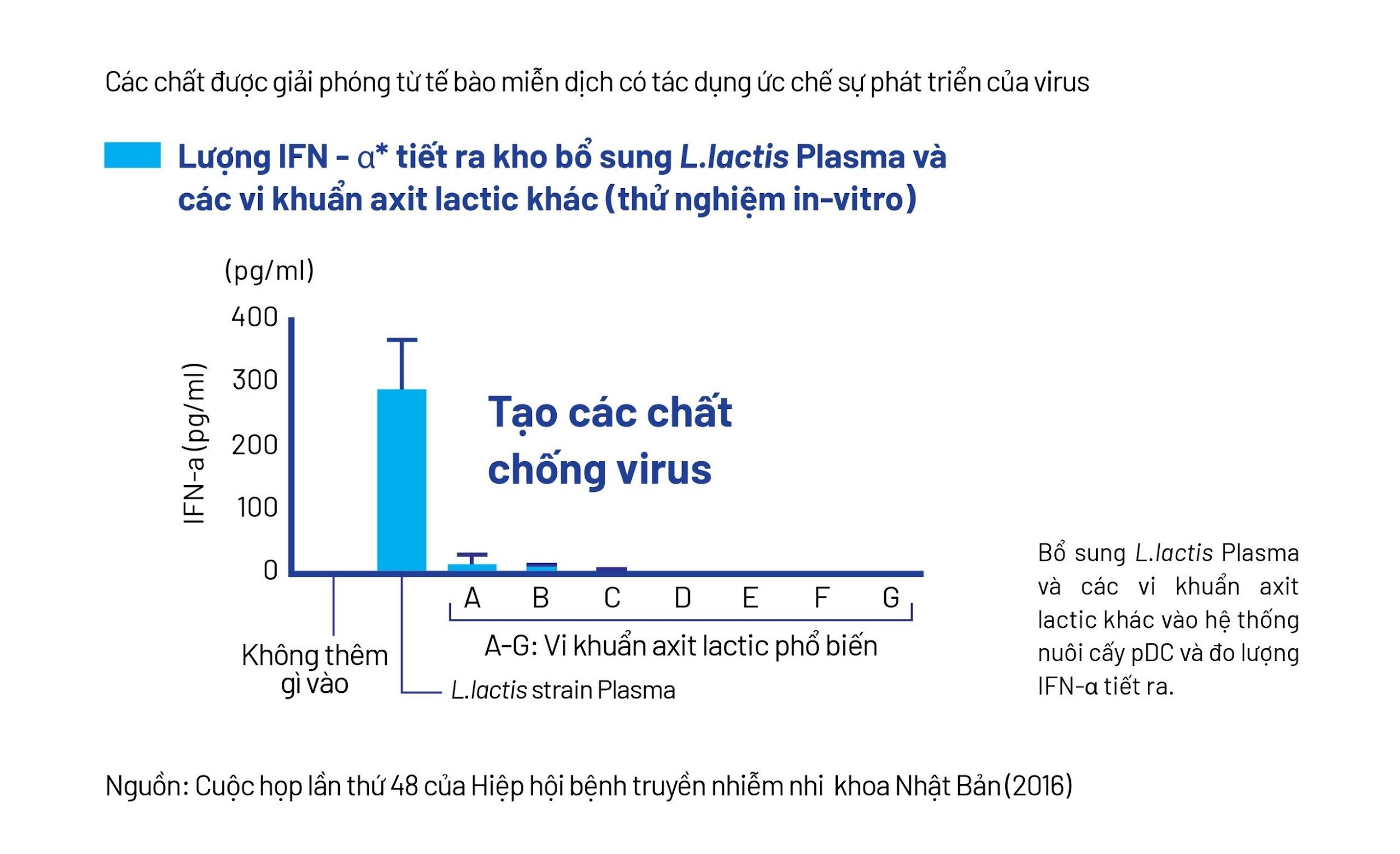 alt text: Biểu đồ so sánh lượng IFN-α được tiết ra bởi tế bào pDC khi tiếp xúc với Postbiotic L.Lactis Plasma và vi khuẩn Axit Lactic khác